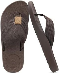 KuaiLu Mens Flip Flops Arch Support Comfortable Waterproof Open Toe Summer Beach Leather Thong Sandals Cushion Slip on Slippers Dark Brown Size 8