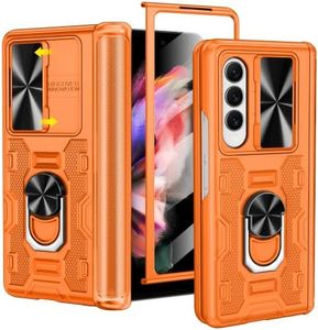 VEGO for Samsung Galaxy Z Fold 3 Case with Stand, Slide Camera Cover & Screen Protector & 360°Ring Magnetic Kickstand Military Grade Heavy Duty Protective Case for Galaxy Z Fold 3- Orange