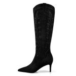 MIRAAZZURRA Black Cowboy Boots Western Cowgirl Boots Embroidered Pointed Toe Kitten Heel Suede Boots Knee High Boots for Women Size 7.5