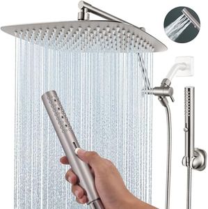 V-Frankness 12 Inches Metal Shower Heads with Multifunction Handheld Spray Combo, Rain Shower Head Combo with 3 Way Metal Diverter, 13 Inch Adjustable Extension Arm and Extra Long Hose(Brushed Nickel)