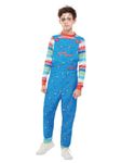 Smiffys Chucky Costume in Blue for Kids, Dress and Top, Officially Licensed, Blue Dungaree Dress and Striped Top with Colour Block Cuffs, Ideal for Halloween and Matching Costumes