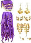 8 Pcs Belly Dance Outfit Sets, Belly Dance Chiffon Skirt with Coins, Belly Dancing Hip Scarf Skirt Wrap, 2 Coin Bracelets, 2 Gold Boho Earrings, and 2 Boho Anklet Bracelet for Women Girls