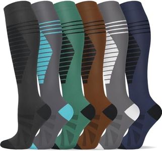 Hi Clasmix 6 Pairs Stripe Compression Socks for Men & Women 20-30 mmHg Graduated Compression Stockings for Sports Running Flight Travel Pregnancy Hiking Workout(Stripe Multi06,L-XL)