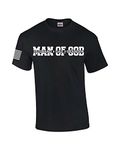 Man of God Dad Father Grandpa Mens Christian American Flag Sleeve T-Shirt Graphic Tee, Black, Large