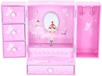 Jewelkeeper Large Jewelry Organizer Box - Musical Spinning Figure - Two-Door Accessories Organizer with 4 Drawers, 2 Hooks - Wood Storage for Rings, Necklaces, Earrings - Pink - 8.3"x6"x4.7"