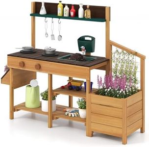 HONEY JOY Outdoor Kids Play Kitchen, Wooden Toy Kitchen Playset Pretend Mud Kitchen w/Removable Faucet, Sink, Stoves, Rotation Knobs, Planter Boxes, Trellis & Cooking Accessories, Brown