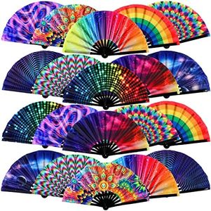 FairySandy 20 Pcs Rave Fans Bulk Large Rave Folding Hand Fans with Bamboo Ribs for Men Women, Chinese Japanese Rainbow Handheld Fan with Fabric Case for Drag Queen Dance Music Festival Club Party