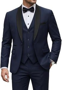 YND Men's 3 Piece Slim Fit Tuxedo Suit Set, One Button Shawl Collar Solid Business Blazer Jacket Vest Pants with Bow Tie, Deep Blue