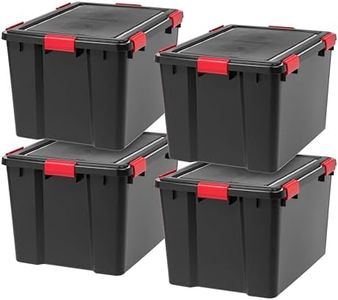 IRIS USA 74 Quart WEATHERPRO Plastic Storage Box with Durable Lid and Seal and Secure Latching Buckles, Weathertight, Black with Red Buckles, 4 Pack