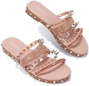 Cape Robbin Xtreme Flat Slide Sandals Rhinestone Nude Gold Spiked Mule (7, Nude)