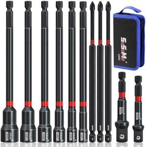 11PCS Impact Rated Magnetic Long Nut Driver Set with Impact Socket Adapter Set and 6" Long Phillips Screwdriver Drill Bits, 1/4" Quick Change Hex Shank for Cordless Impact Wrench Drive Nuts Or Bolts