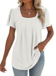 isermeo Women's Sexy Pleated Front Square Neck Top Ruffle Short Sleeve Loose Fit T Shirts 2024 Trendy White XL