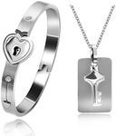 Uloveido Rose Gold Plated Titanium Matching Puzzle Couple Heart Lock Bracelet and Key Pendant Necklace for Men and Women, one size, Metal, Cubic Zirconia