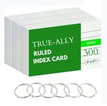 True-Ally 300 Single Side ruled Index Flash Cards - 3x5 inch, White, 200 GSM - with Free Binder Rings for Short Notes, cue Cards, Cheat Sheets, exam, Interview Preparation (3x5 inch Single Side ruled - 300 Sheets)