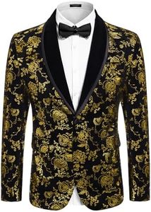 COOFANDY Mens Floral Tuxedo Jacket Regular Fit Velvet Blazer One Button Dinner Prom Wedding Sport Coat Golden
