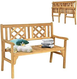 Costway Foldable Garden Acacia Wood Bench, Solid Wood Patio Bench w/Galvernized Hardware, Locks, Wide Armrest, Backrest, Seat for 2, Outdoor Wood Bench, for Park, Yard, Deck, Balcony