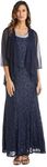 R&M Richards Petite Women Shimmering Lace Fishtail Evening Jacket Dress - Navy / 10P