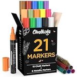 Chalk Markers & Metallic Colors (Pack of 21) Neon Chalk Pens - For Chalkboard, Blackboards, Window, Labels, Bistro, Glass - Wet Wipe Erasable - 6mm Reversible Bullet & Chisel Tip