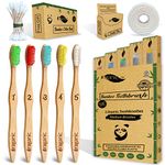 Eraganic Bamboo Toothbrushes - Pack of 5 with Bamboo Cotton Buds & Dental Floss - Biodegradable Toothbrush with Tongue Scraper