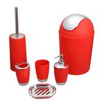 Bathroom Accessories Set 6 Pieces Plastic Bathroom Accessories Toothbrush Holder, Rinse Cup, Soap Dish, Hand Sanitizer Bottle, Waste Bin, Toilet Brush with Holder (RED)