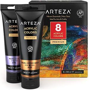 Arteza Metallic Acrylic Paint, Set of 8 Vibrant Essentials Colors 4.06oz Tubes, Rich Pigments, Non Fading, Non Toxic Paints for Artists & Hobby Painte