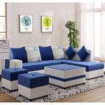 FURNY Stolino 8 Seater Fabric RHS Sectional L Shape Sofa Set with Centre Table & 2 Puffy in (Blue-Light Grey)