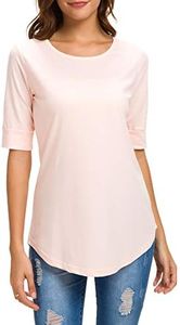 Womens Elbow Length Sleeve Tops Loose Cotton Blouses Summer Tunic T Shirts Pink M