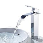 ROVATE Bathroom Vessel Sink Faucet with Waterfall Spout, Brass Single Handle Single Hole Washroom Sink Tap, Hot and Cold Water Mixer Deck Mounted on Sink, Polished Chrome