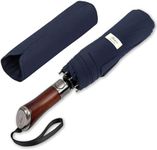 Balios (Designed in UK) Travel Folding Umbrella Lux Hardwood Handle Auto Open & Close Windproof Single Canopy (Dark Navy)