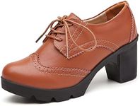 DADAWEN Women's Classic T-Strap Platform Mid-Heel Square Toe Oxfords Dress Shoes Light Brown US Size 10