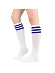 Women's Thigh High Socks Athletic Knee High Socks Long Tube Socks for Women Casual Stockings with Stripes Sports Socks 1 White Blue