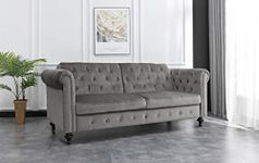 Furnituremaxi Velvet Sofa Bed Chesterfield Style 3 Seater Grey Sofa Button Design