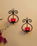 Homesake® Wall Candle Sconce Set of 2 Wrought Iron Candle Holder Hanging Wall Mounted Candle Sconces for Living Room Home Decor, Black with Glass and Free T-Light Candles (Red)