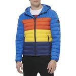Tommy Hilfiger Men's Water Resistant Ultra Loft Filled Hooded Puffer Jacket Down Alternative Coat, Blue Multi Colorblock, M
