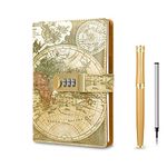 Vintage Old Map Diary with Lock,A5 Locking Journal Pu Leather Refillable Writing Notebook with Lock Combination Password Personal Lock Journal with Pen&Gift Box Secret Lock Diary for Adults Men&Women