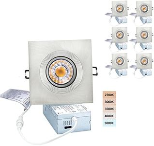 POPANU Canless Recessed Gimbal Downlight Rotatable-Spotlight 5 CCT 4 Inch Eyeball Ceilling Potlight, Dimmable Lights Fixture with Junction Box, 8W CCT Adjustable, Brushed Nickel Square Trim, 6P