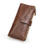 Sam's Design Mens/Womens Genuine Leather Long Zipper Wallet ID Card Coin Phone Holder Pocket Clutch Purse（Brown