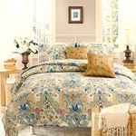 Cozy Line Home Fashions Vintage Luxury Classic 3-Piece Beige Yellow Beige Blue Floral Garden Cotton Reversible Queen Quilt Bedding Set