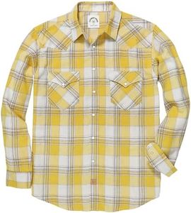 Dubinik® Mens Flannel Shirts Long Sleeve Pearl Snap Buttons Western Cowboy Vintage Work Casual with Pockets Plaid Shirt Yellow Beige