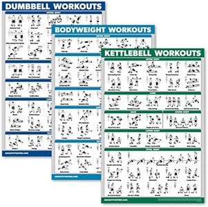 QuickFit 3 Pack - Dumbbell Workouts + Kettlebell Exercises + Bodyweight Routine Poster Set - Set of 3 Workout Charts (Laminated, 18" x 27")