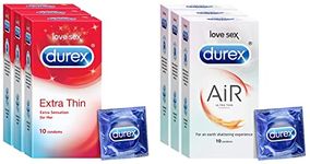 Durex Air Condoms for Men - 10 Count (Pack of 3) | Suitable for use with lubes & toys & Extra Thin Condoms for Men - 10 Count (Pack of 3) | Suitable for use with lubes & toys