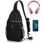 OSOCE Sling Bag Crossbody Backpack Anti-theft RFID Blocking Small Chest Shoulder Bag,Outdoor Lightweight Waterproof Casual Women Men Daypack with USB Charging Port for Hiking Travel,Black