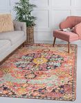 Lahome Boho 5x7 Area Rug Washable Rugs for Living Room, Hot Pink Large Bedroom Rug Dining Room Rug 5x7, Floral Medallion Soft Indoor Throw Carpet for Nursery Office Decor (Fuchsia/Multi, 5 x 7)