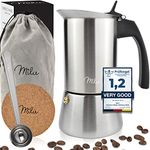 Milu Espresso Maker Induction Hob | 2, 4, 6, 9 Cup| stainless steel Espresso Pot, Stovetop Moka Pot, Coffee Maker, Set including coaster, spoon, brush (6 cups 300ml)