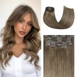 Honsoo Clip in Human Hair Extensions Double Weft 9A Hair Ash Brown Hair Extensions Clip In Remy Hair Extensions 70g 7pcs 15Inch Silky Straight Brown Virgin Hair Clip in Extensions For Full Head