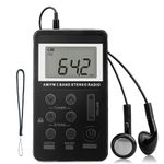 AM FM Pocket Radio, ALLOMN Portable Digital Tuning AM FM Stereo Radio with Rechargeable Battery, LCD Display and Earphone for Walking (Black)