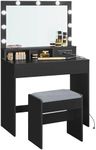 VASAGLE Vanity Desk with Power Outlets, Makeup Vanity with Mirror and Lights, with Upholstered Vanity Stool, 9 Dimmable LED Lights, 2 Compartments, 2 Drawers, for Bedroom, Ink Black URDT029B01