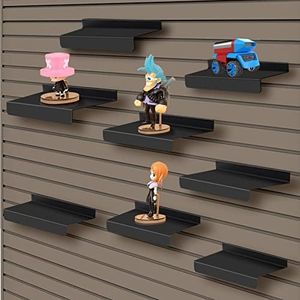 SNOGSWOG 10X4.3 Inch Slatwall Shelves Set of 8, Metal Slat Wall Shelves Accessories, Black Flat Display Shelves for Slat, Metal Retail Display for Storage and Organization