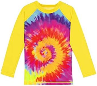 Remimi Unisex Kids Rash Guard Long Sleeve UPF 50+ Tie Dye Swim Shirts, Neon Rainbow, 11-12 Years