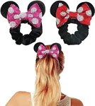 Styla Hair 2pk Mouse Ear Scrunchies for Kids Velvet Hair Bow Scrunchies for Women - Sparkle Sequins Mouse Hair Bands for Pony Tail (Red Pink Polka Dot)